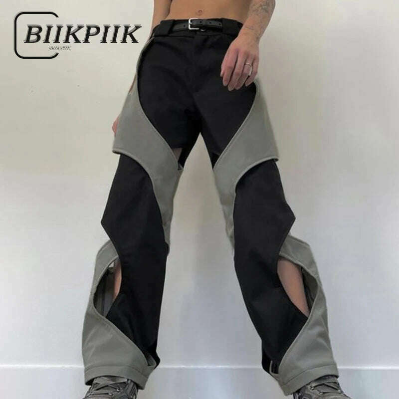 KIMLUD, y2k Techwear Casual Pants Chic Contrast Hollow Out Baggy Women Cargo Pants Streetwear Low Rise Sweatpants Korean Fashion, Black and Grey / S, KIMLUD Women's Clothes