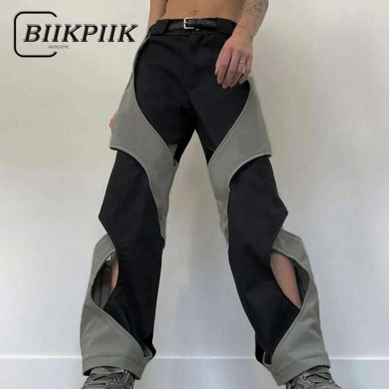 KIMLUD, y2k Techwear Casual Pants Chic Contrast Hollow Out Baggy Women Cargo Pants Streetwear Low Rise Sweatpants Korean Fashion, Black and Grey / S, KIMLUD APPAREL - Womens Clothes