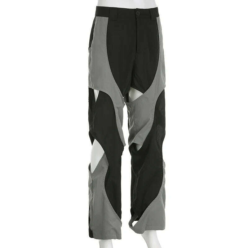 KIMLUD, y2k Techwear Casual Pants Chic Contrast Hollow Out Baggy Women Cargo Pants Streetwear Low Rise Sweatpants Korean Fashion, KIMLUD Women's Clothes
