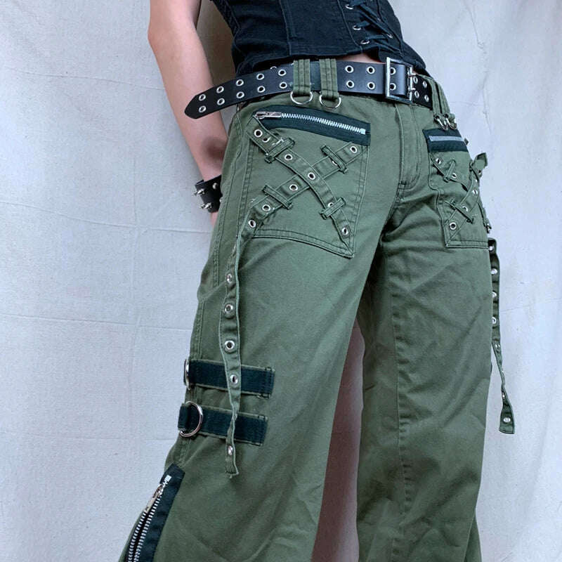KIMLUD, Y2k Women Green Zipper Jeans Grunge Punk Gothic Baggy Retro Bandage Long Pants Low Rise Cargo Korean Female Sweatpants, KIMLUD Womens Clothes