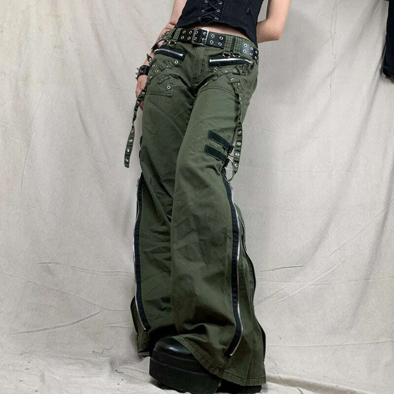 KIMLUD, Y2k Women Green Zipper Jeans Grunge Punk Gothic Baggy Retro Bandage Long Pants Low Rise Cargo Korean Female Sweatpants, Green / S, KIMLUD Women's Clothes