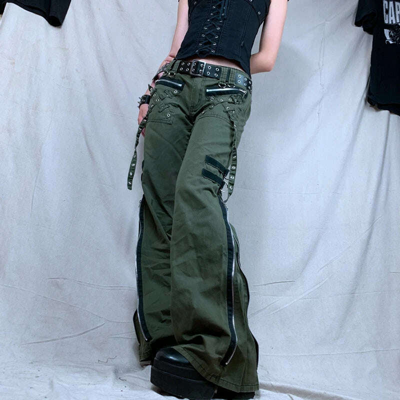 KIMLUD, Y2k Women Green Zipper Jeans Grunge Punk Gothic Baggy Retro Bandage Long Pants Low Rise Cargo Korean Female Sweatpants, KIMLUD Womens Clothes
