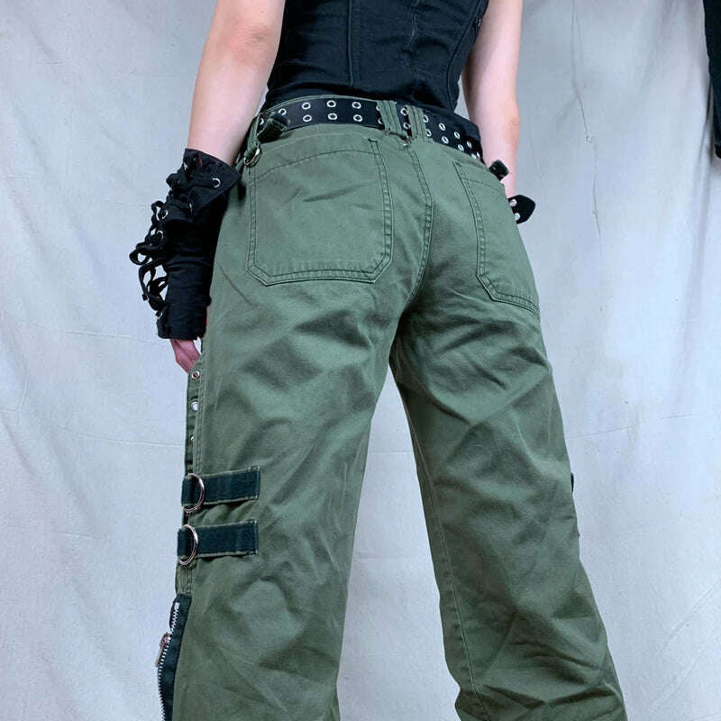 KIMLUD, Y2k Women Green Zipper Jeans Grunge Punk Gothic Baggy Retro Bandage Long Pants Low Rise Cargo Korean Female Sweatpants, KIMLUD Women's Clothes
