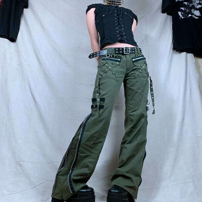 KIMLUD, Y2k Women Green Zipper Jeans Grunge Punk Gothic Baggy Retro Bandage Long Pants Low Rise Cargo Korean Female Sweatpants, KIMLUD Women's Clothes