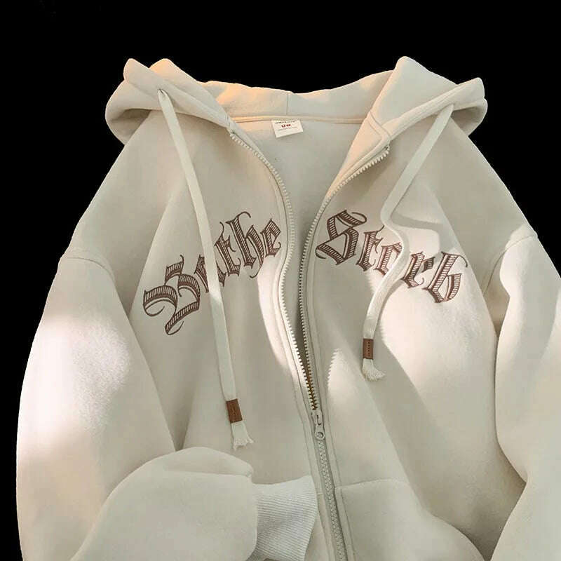 Y2k Women Vintage Zip Up Hoodies Harajuku Casual Letter Print Drawstring Hooded Sweatshirts Korean Goth Streetwear Jackets Coats - KIMLUD