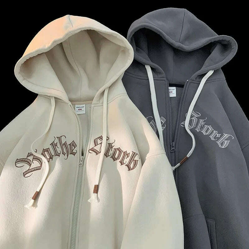 Y2k Women Vintage Zip Up Hoodies Harajuku Casual Letter Print Drawstring Hooded Sweatshirts Korean Goth Streetwear Jackets Coats - KIMLUD
