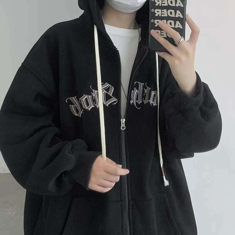 Y2k Women Vintage Zip Up Hoodies Harajuku Casual Letter Print Drawstring Hooded Sweatshirts Korean Goth Streetwear Jackets Coats - KIMLUD