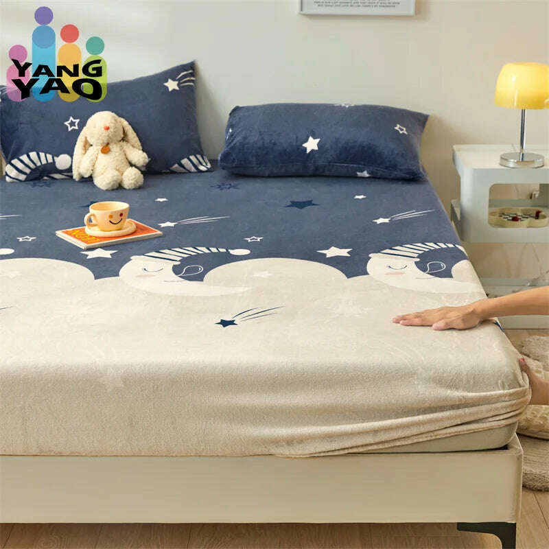 Yaapeet Winter Fitted Sheet Velvet Bedsheets fundas de colchón Skin-friendly Mattress Cover Warm Bed Linen (No Pillowcase) - KIMLUD