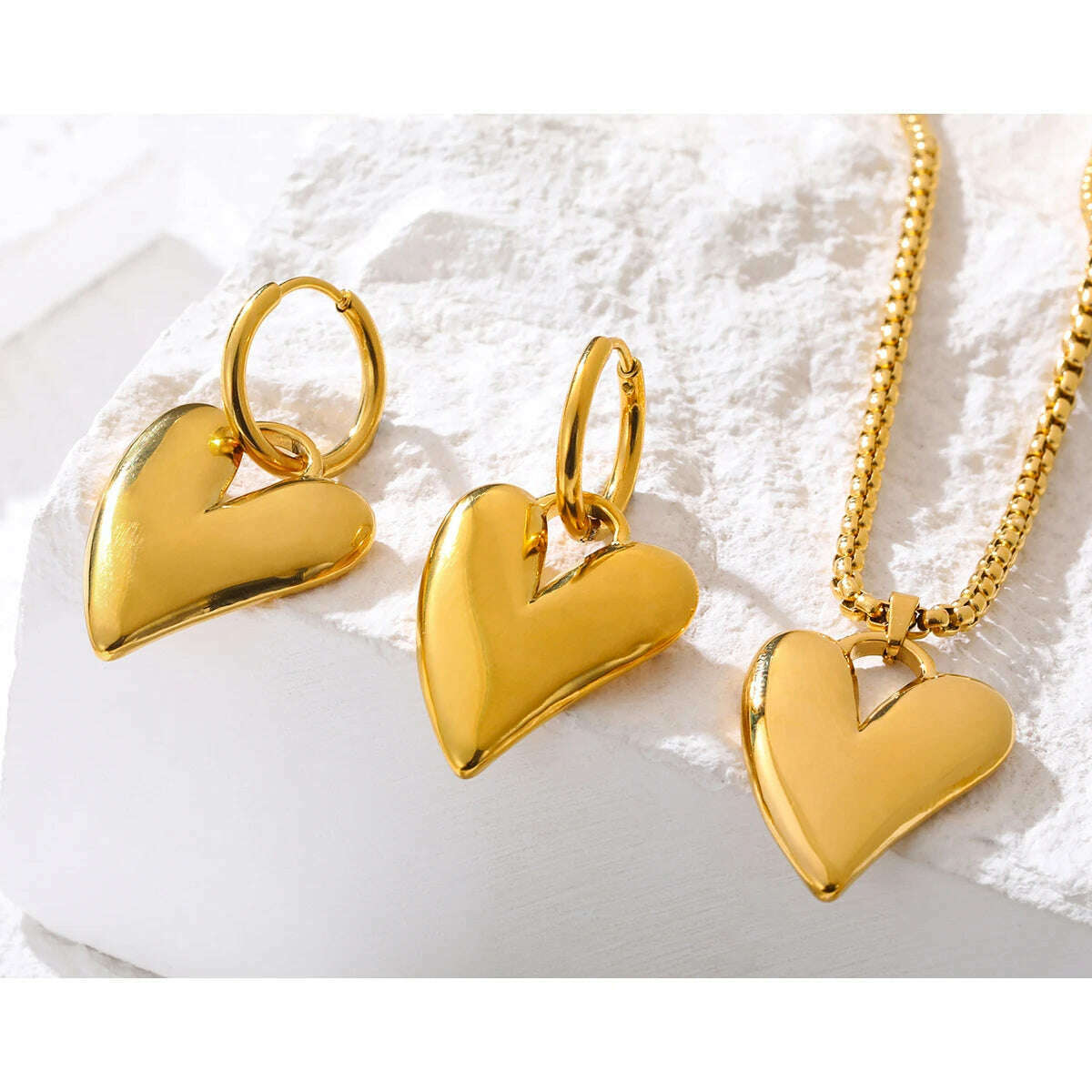 KIMLUD, YACHAN 18K Gold Plated Stainless Steel Irregular Heart Necklace Earrings for Women Glossy Chic Waterproof Jewelry Set, KIMLUD Women's Clothes