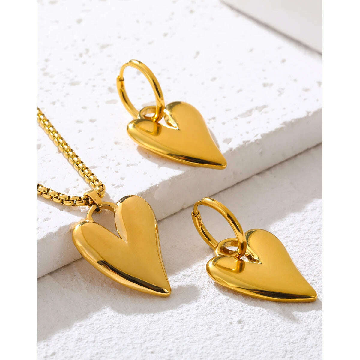 KIMLUD, YACHAN 18K Gold Plated Stainless Steel Irregular Heart Necklace Earrings for Women Glossy Chic Waterproof Jewelry Set, KIMLUD Women's Clothes