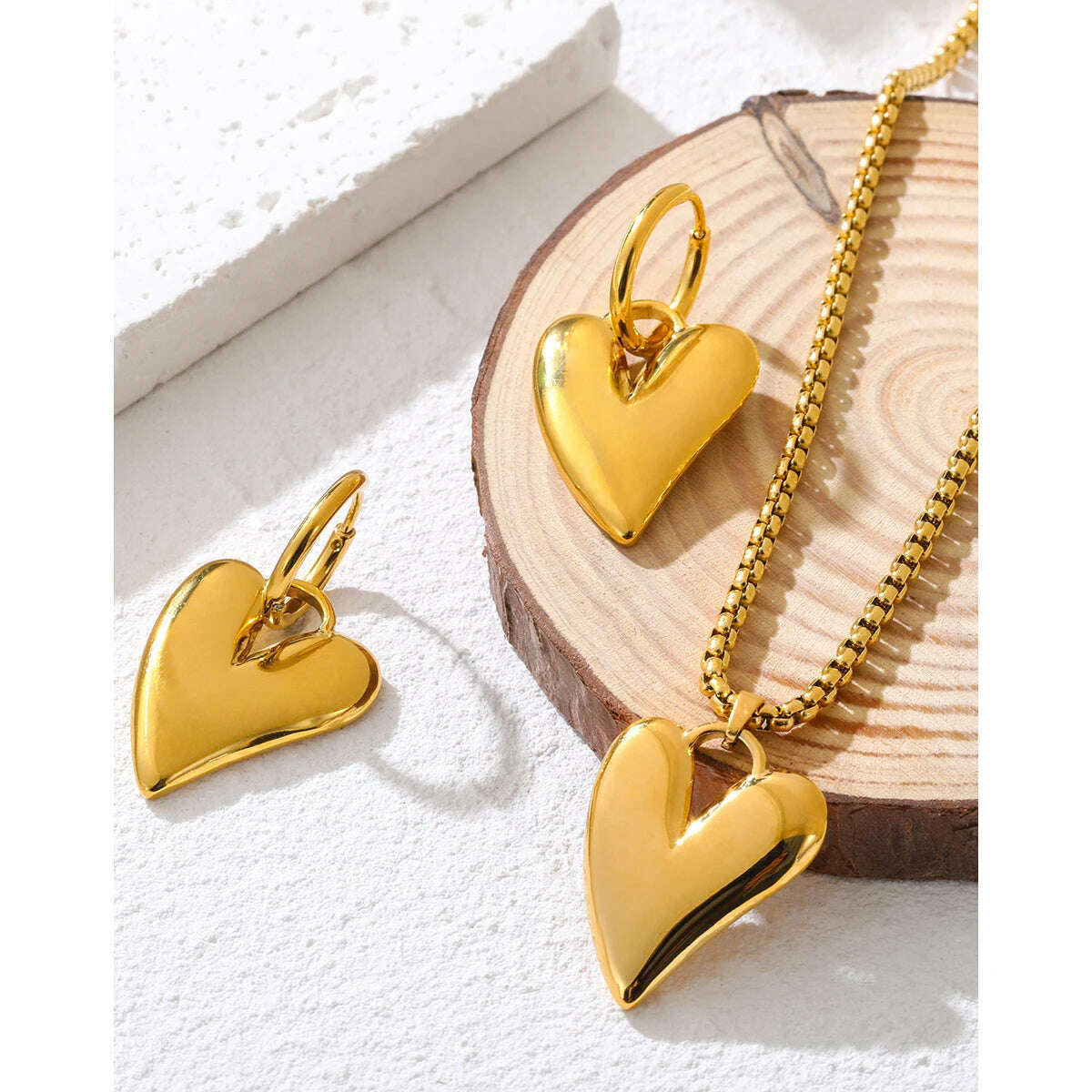 KIMLUD, YACHAN 18K Gold Plated Stainless Steel Irregular Heart Necklace Earrings for Women Glossy Chic Waterproof Jewelry Set, KIMLUD Womens Clothes