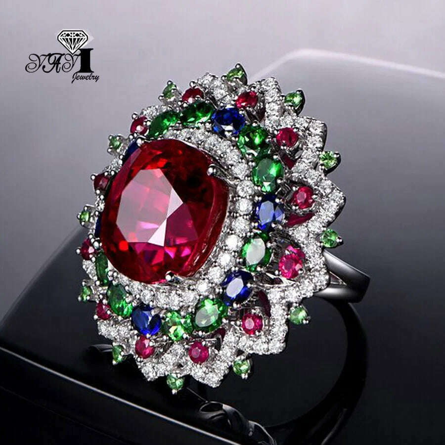 KIMLUD, YaYI Jewelry Princess Cut Red Corundum Gemstones Zircon Silver Color Engagement  Wedding Party Precious Rings, KIMLUD Women's Clothes