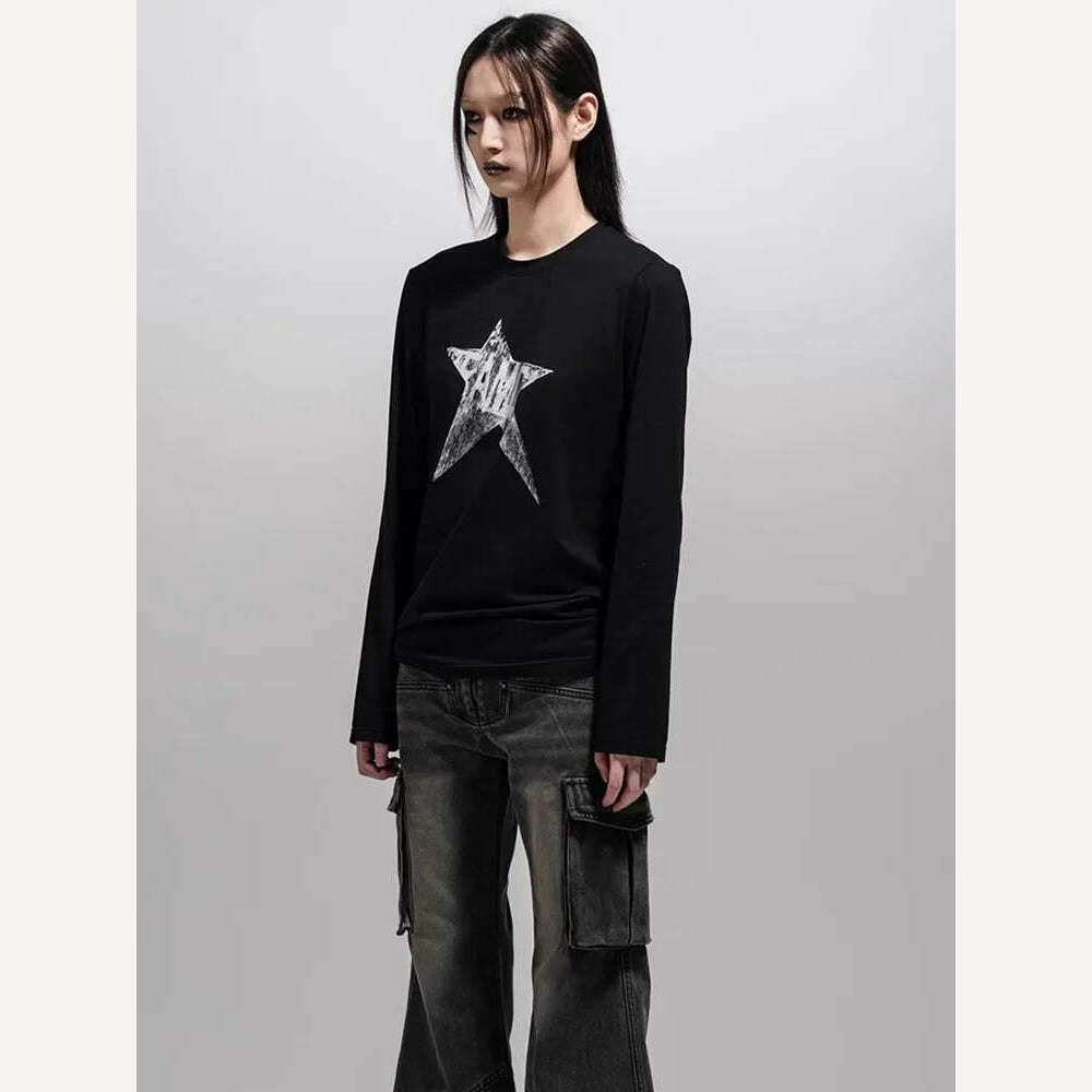 Yedinas American Retro Print Star Graphic Tees Long Sleeve T Shirt Women Tops Autumn 2023 Korean Fashion Y2k Vintage Slim Tees - KIMLUD