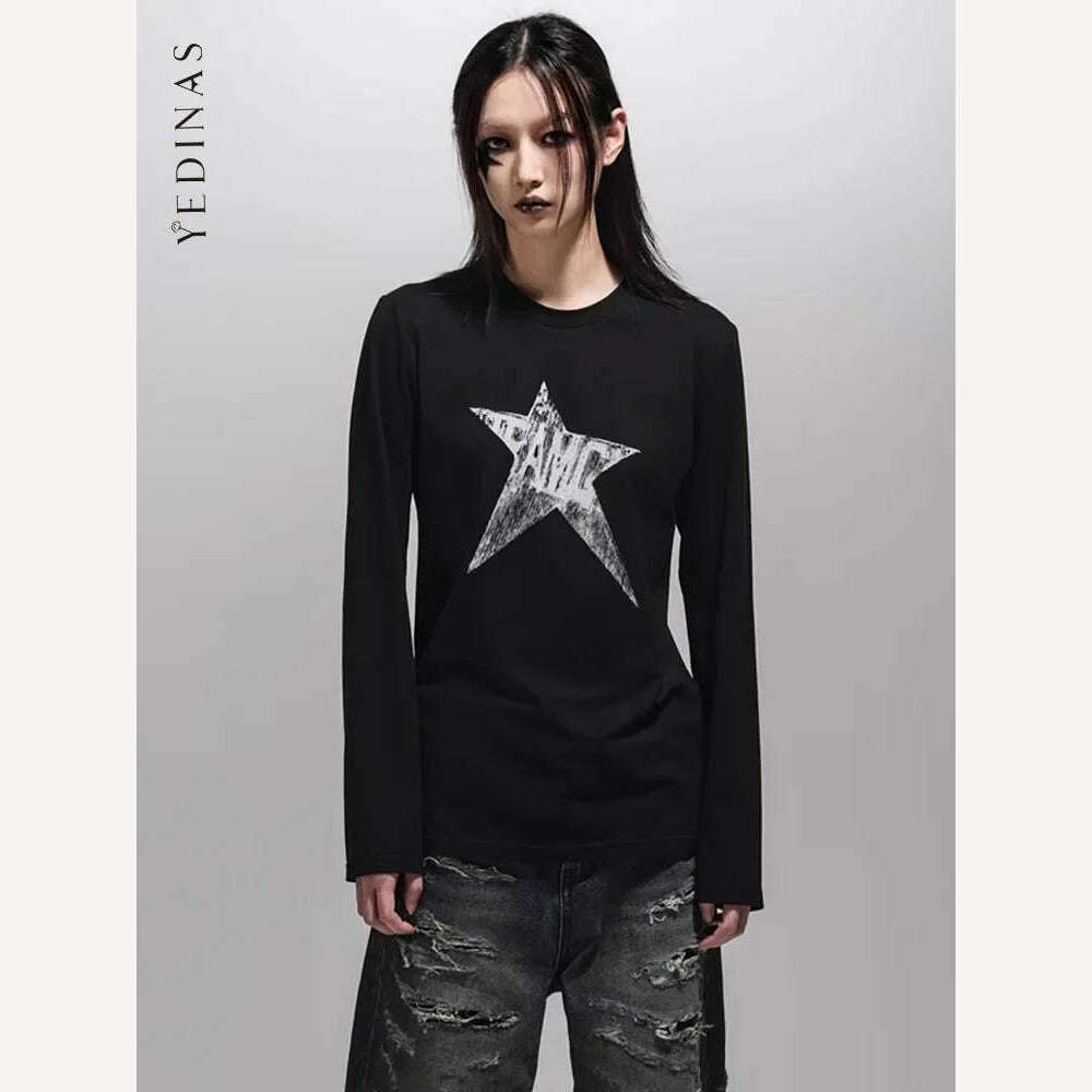 KIMLUD, Yedinas American Retro Print Star Graphic Tees Long Sleeve T Shirt Women Tops Autumn 2023 Korean Fashion Y2k Vintage Slim Tees, KIMLUD Womens Clothes