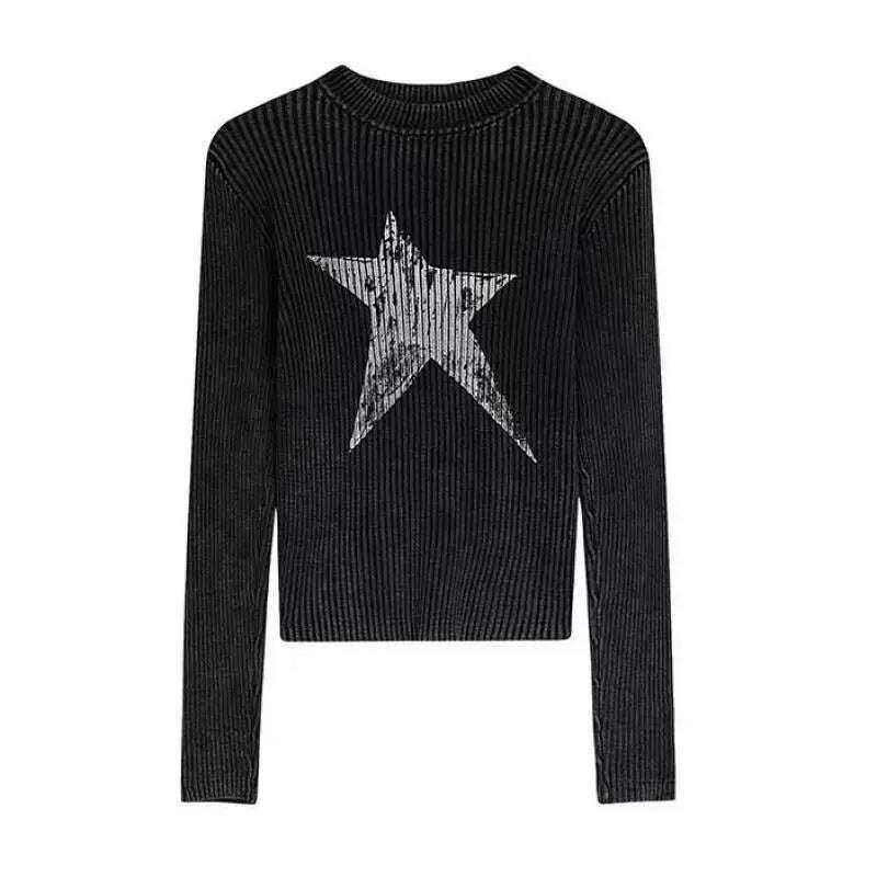 KIMLUD, Yedinas American Retro Print Star Graphic Tees Long Sleeve T Shirt Women Tops Autumn 2023 Korean Fashion Y2k Vintage Slim Tees, KIMLUD Womens Clothes