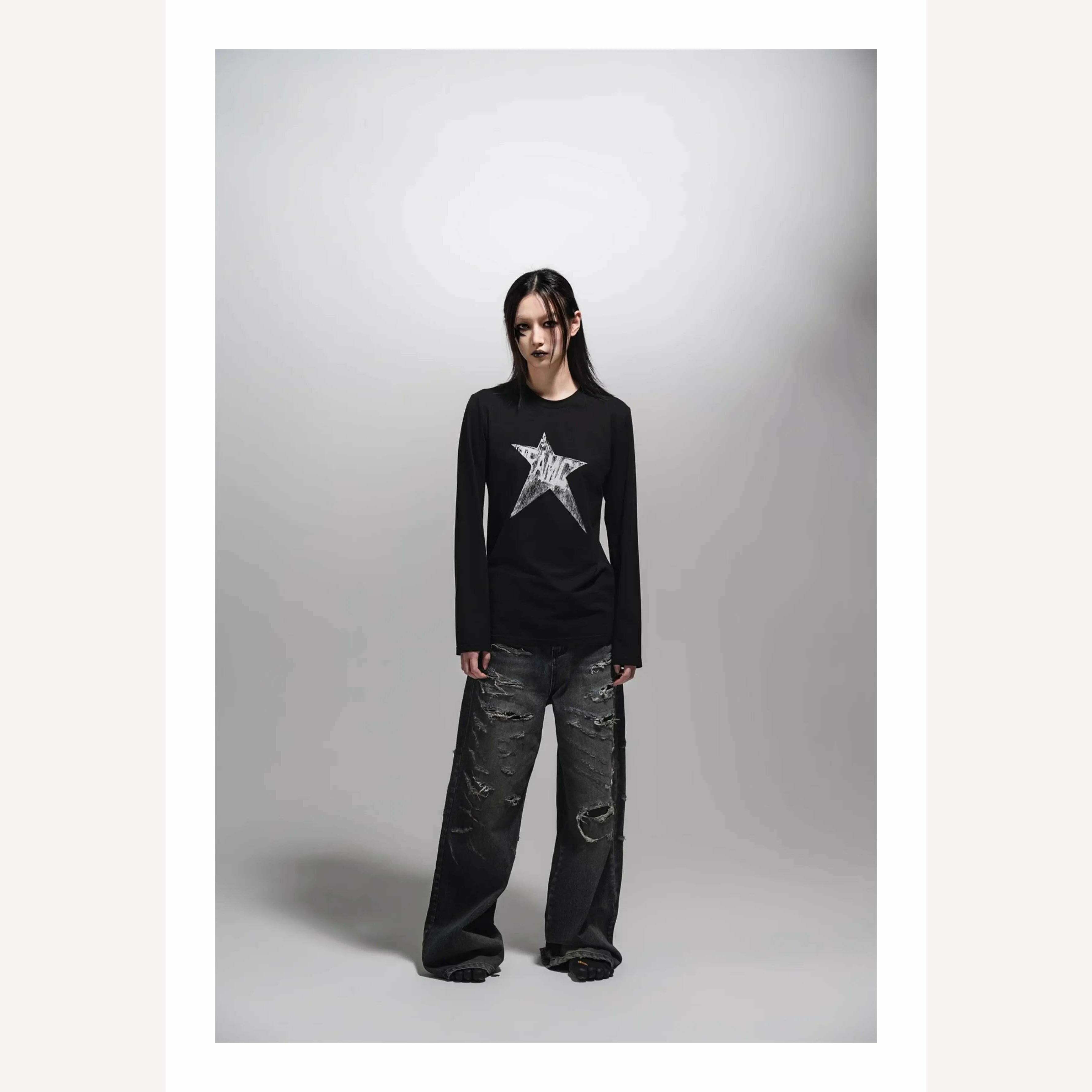KIMLUD, Yedinas American Retro Print Star Graphic Tees Long Sleeve T Shirt Women Tops Autumn 2023 Korean Fashion Y2k Vintage Slim Tees, KIMLUD Womens Clothes