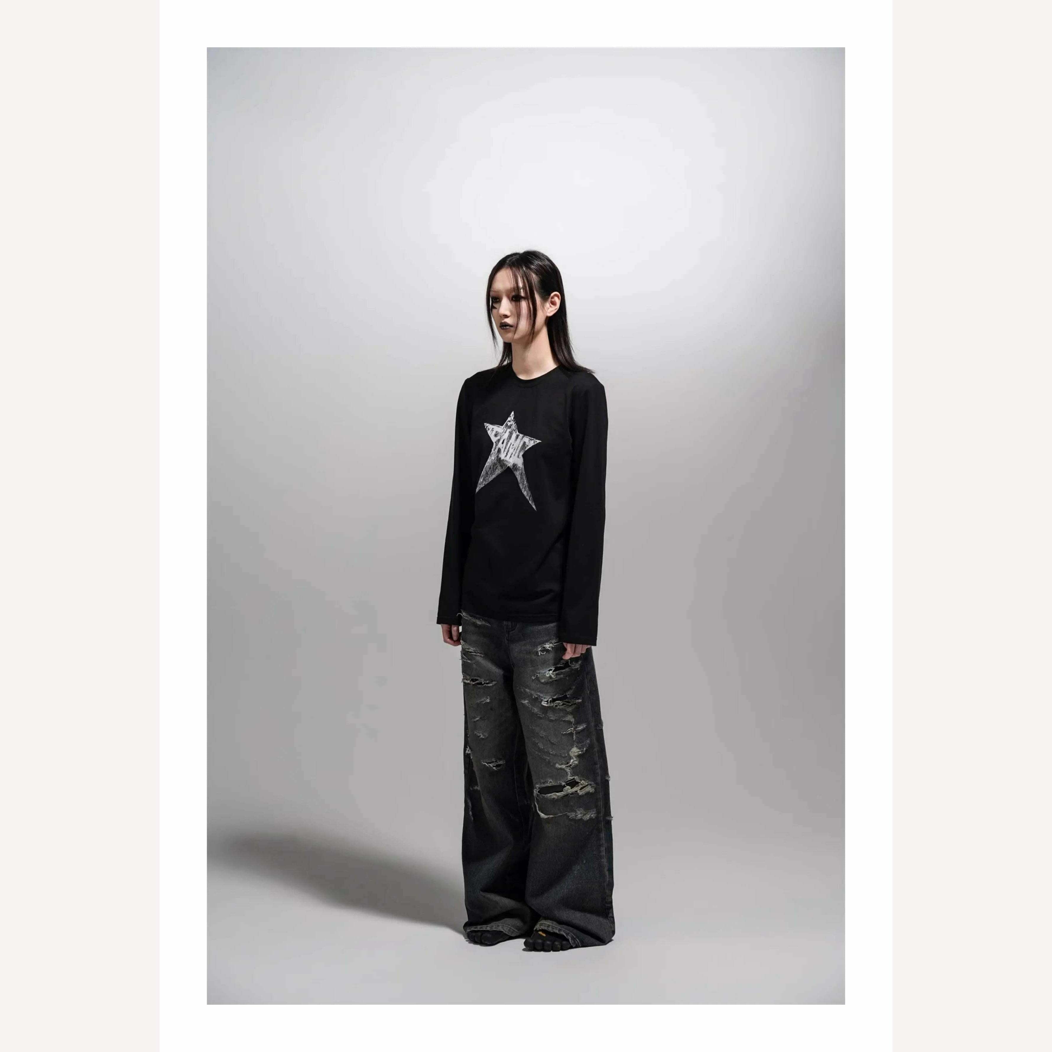 KIMLUD, Yedinas American Retro Print Star Graphic Tees Long Sleeve T Shirt Women Tops Autumn 2023 Korean Fashion Y2k Vintage Slim Tees, KIMLUD Womens Clothes