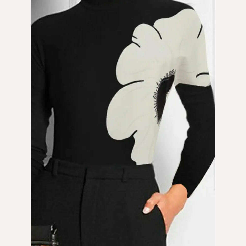 KIMLUD, Yeezzi 2023 Latest Style Women Flower Print High-Neck T-Shirts Spring Autumn Korean Fashion Casual Basic Skinny Black Tops, KIMLUD Womens Clothes