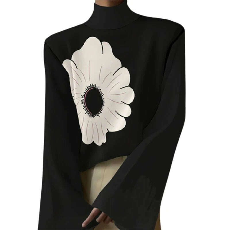 KIMLUD, Yeezzi 2023 New Arrivals Female Flared Sleeves Flower Print High-Neck T-Shirts Spring Autumn Casual Fashion Black Tops For Women, KIMLUD Womens Clothes