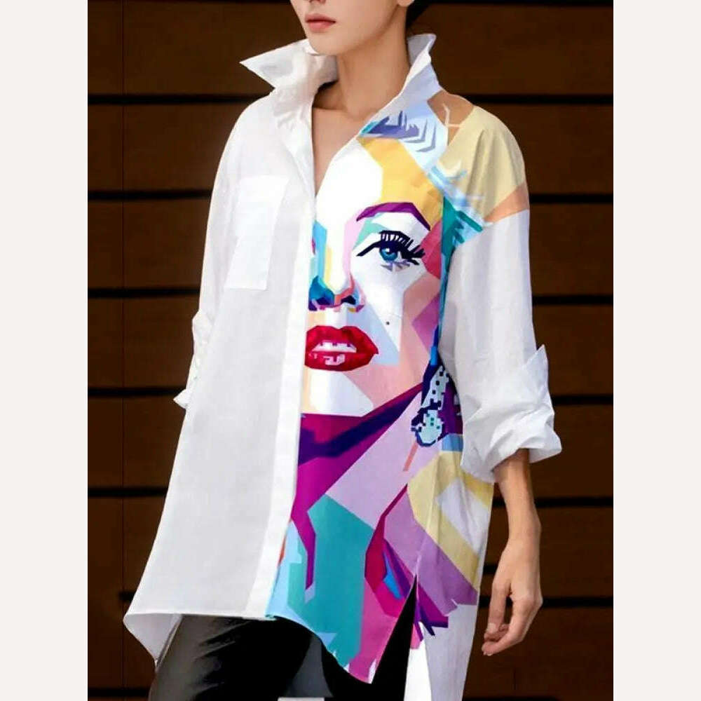 KIMLUD, Yeezzi 2023 New Female Stylish Figure Printed Lapel White Blouses Spring Autumn Long Sleeves Loose Casual Shirts Tops For Women, KIMLUD Womens Clothes
