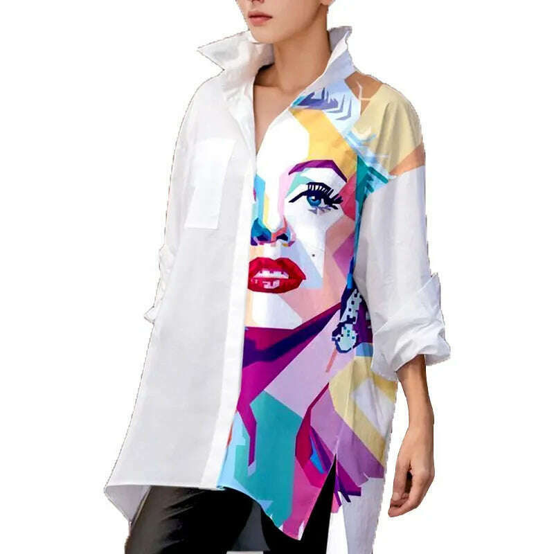 KIMLUD, Yeezzi 2023 New Female Stylish Figure Printed Lapel White Blouses Spring Autumn Long Sleeves Loose Casual Shirts Tops For Women, KIMLUD Womens Clothes