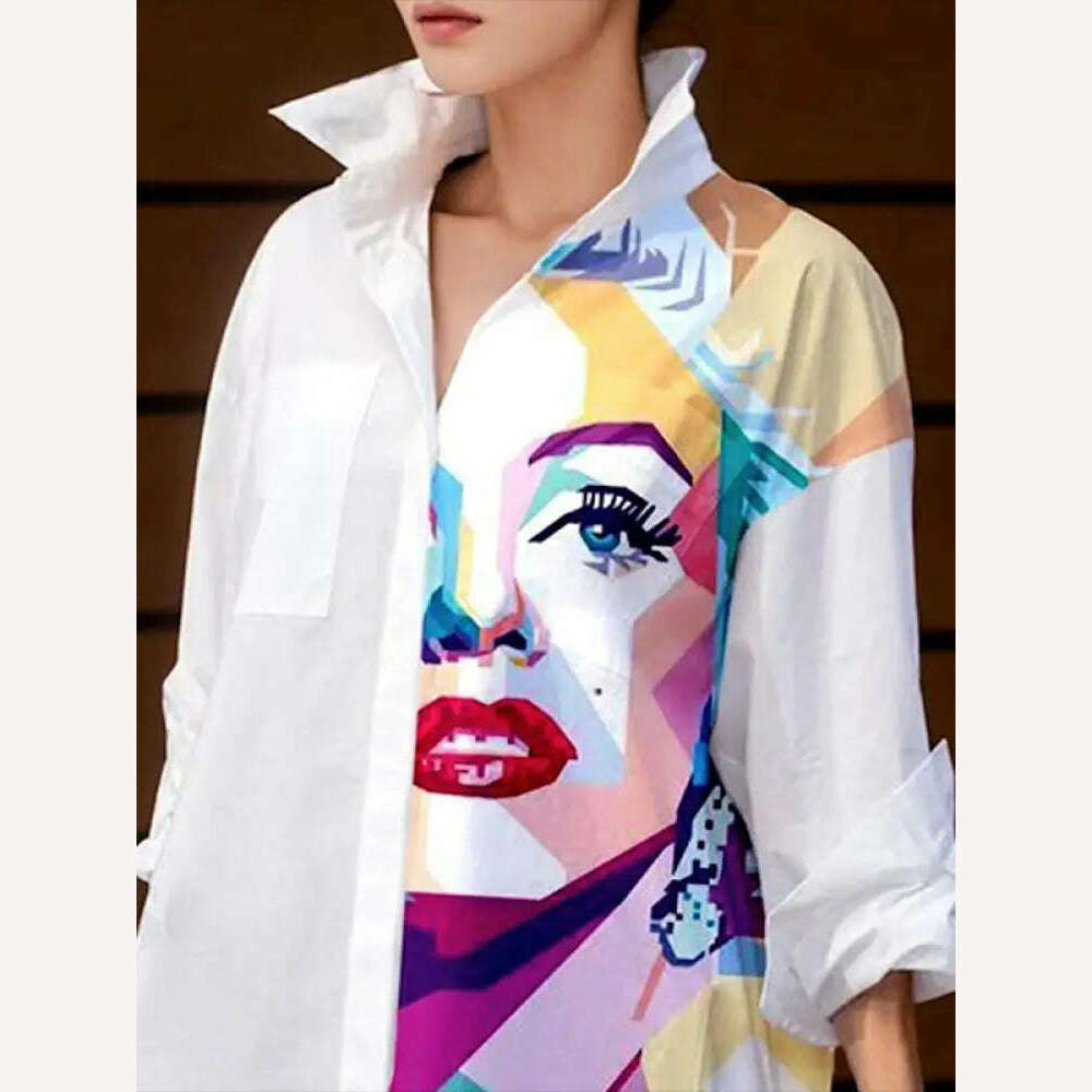 KIMLUD, Yeezzi 2023 New Female Stylish Figure Printed Lapel White Blouses Spring Autumn Long Sleeves Loose Casual Shirts Tops For Women, KIMLUD Womens Clothes