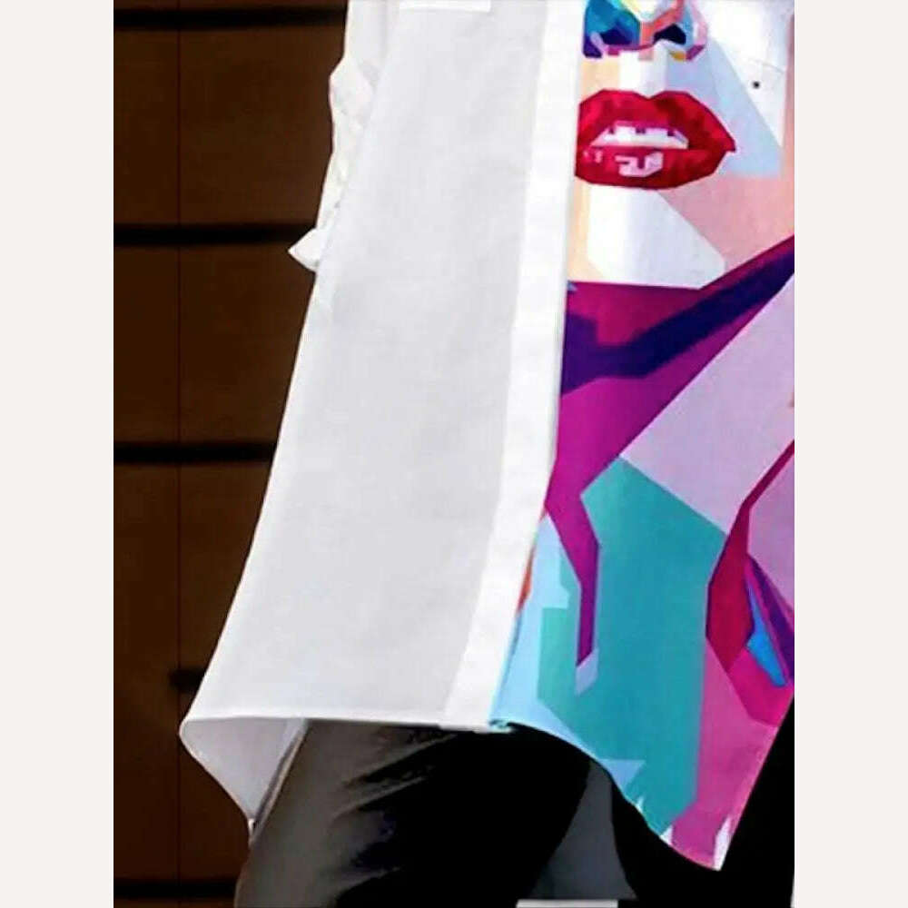 KIMLUD, Yeezzi 2023 New Female Stylish Figure Printed Lapel White Blouses Spring Autumn Long Sleeves Loose Casual Shirts Tops For Women, KIMLUD Womens Clothes