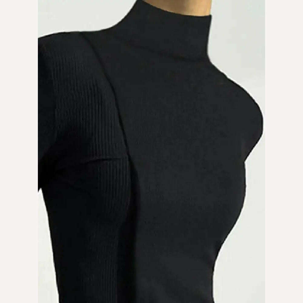 Yeezzi 2023 New Women Spring Autumn Long Sleeves Solid Color Split-Joint High Neck T-Shirts Fashion Simple Casual Trendy Tops - KIMLUD