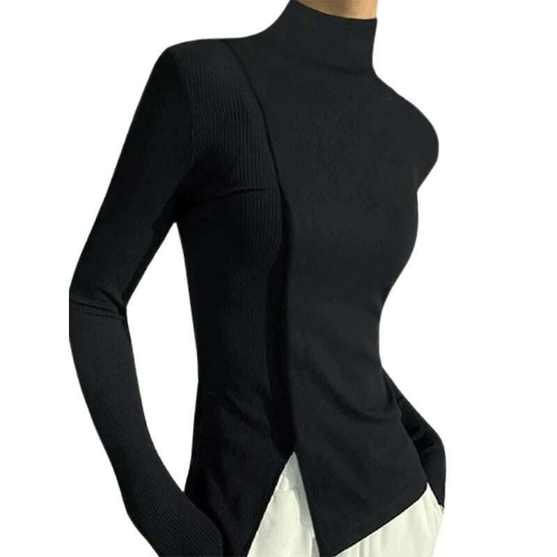 Yeezzi 2023 New Women Spring Autumn Long Sleeves Solid Color Split-Joint High Neck T-Shirts Fashion Simple Casual Trendy Tops - KIMLUD