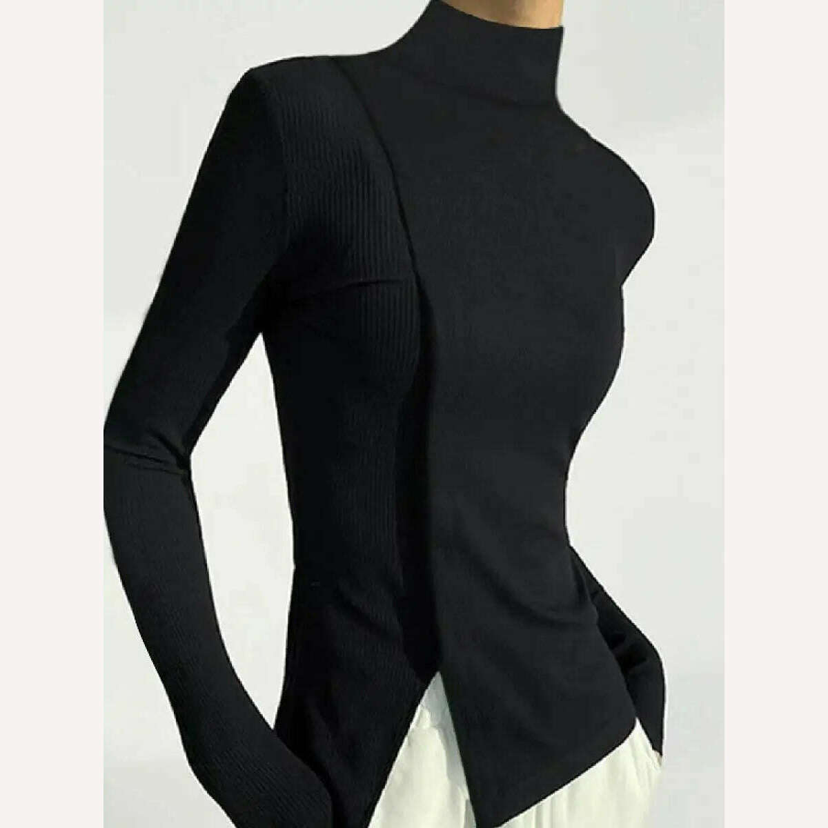 Yeezzi 2023 New Women Spring Autumn Long Sleeves Solid Color Split-Joint High Neck T-Shirts Fashion Simple Casual Trendy Tops - KIMLUD