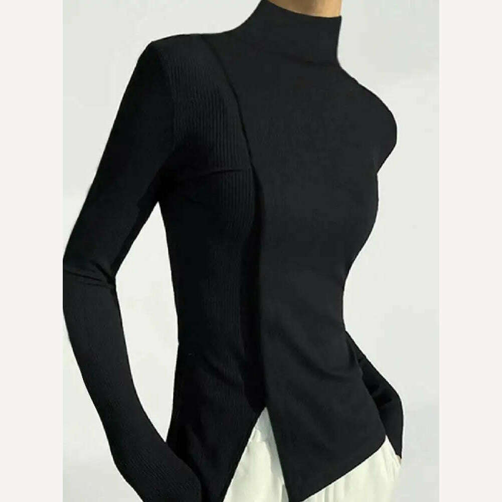 Yeezzi 2023 New Women Spring Autumn Long Sleeves Solid Color Split-Joint High Neck T-Shirts Fashion Simple Casual Trendy Tops - KIMLUD