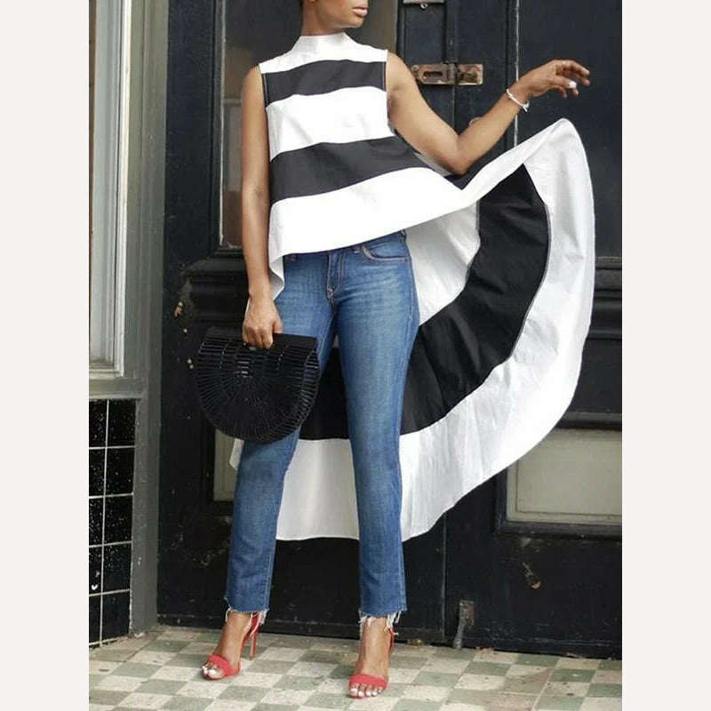 KIMLUD, Yeezzi 2023 Summer New Arrivals Female Fashion Striped High-Low Vest Tops Sleeveless Loose Casual Simple T-shirts For Women, WHITE BLACK / S, KIMLUD APPAREL - Womens Clothes