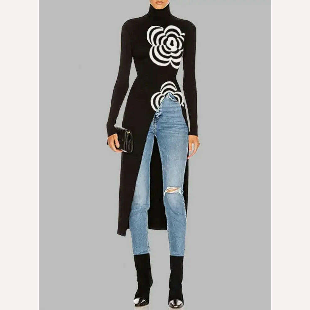 KIMLUD, Yeezzi 2024 Latest Women Fashion Flower Printed Asymmetric Split-Front T-Shirts Spring Autumn Long Sleeves Skinny High Neck Tops, KIMLUD Women's Clothes
