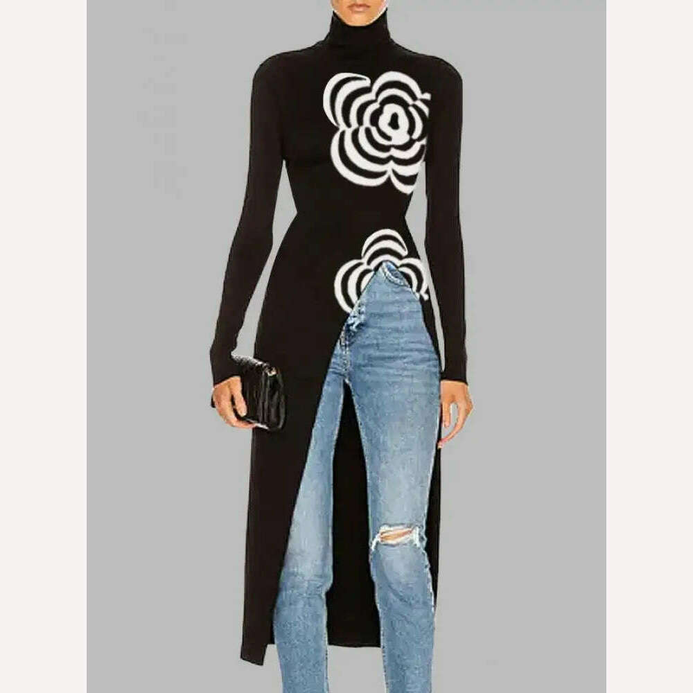 KIMLUD, Yeezzi 2024 Latest Women Fashion Flower Printed Asymmetric Split-Front T-Shirts Spring Autumn Long Sleeves Skinny High Neck Tops, KIMLUD Womens Clothes