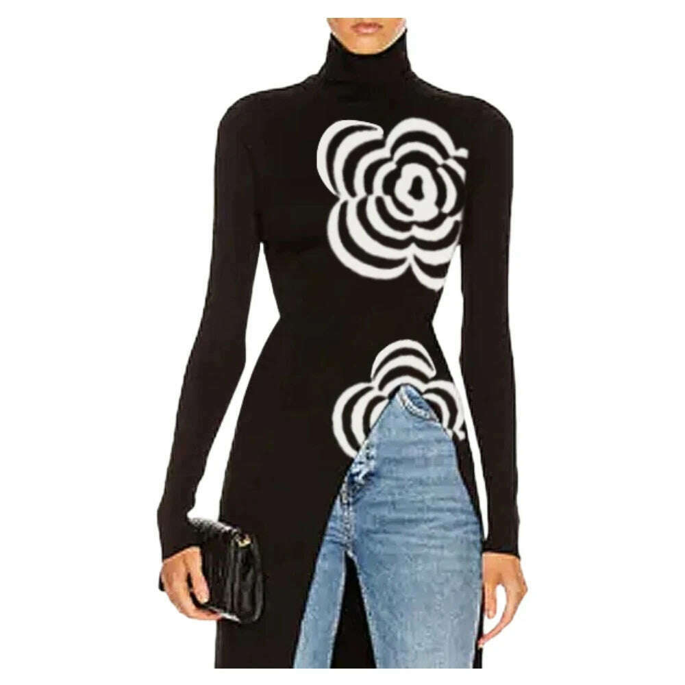 KIMLUD, Yeezzi 2024 Latest Women Fashion Flower Printed Asymmetric Split-Front T-Shirts Spring Autumn Long Sleeves Skinny High Neck Tops, BLACK WHITE / S, KIMLUD Women's Clothes