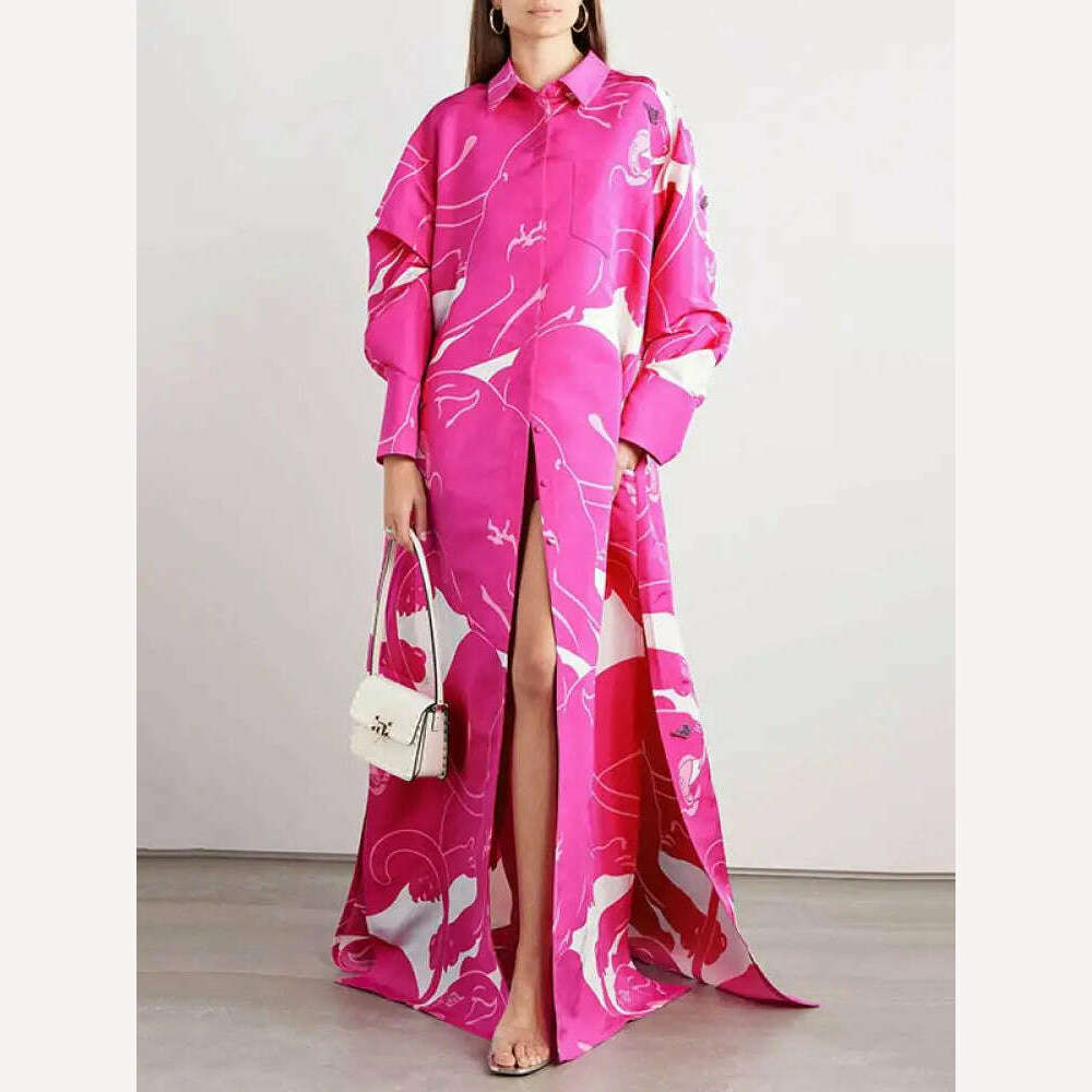KIMLUD, Yeezzi 2024 New British Style Women Printed Lapel Maxi Dresses Spring Autumn Long Sleeves Single-Breasted Elegant Outerwears, KIMLUD Women's Clothes