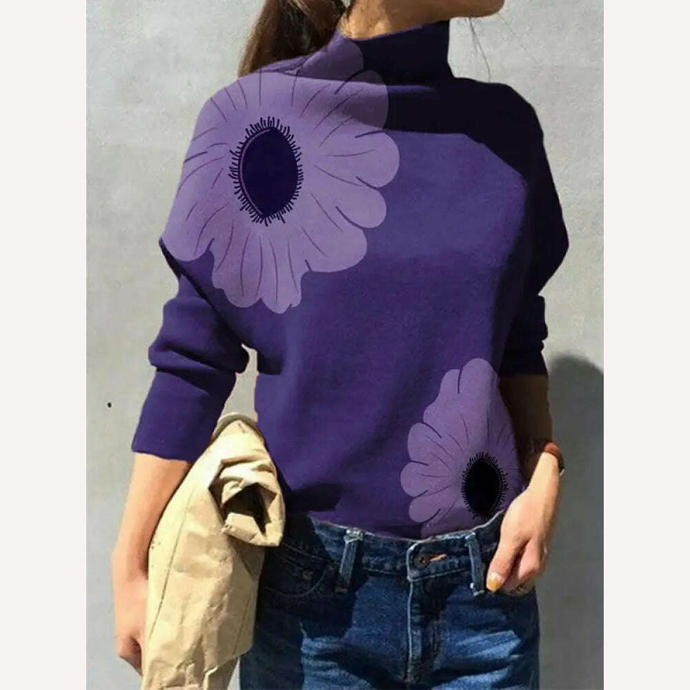 KIMLUD, Yeezzi 2024 New Female Elegant Flower Printed Purple High Neck T-Shirts Spring Autumn Long Sleeve Loose Casual Tops for Women, PURPLE / S, KIMLUD Women's Clothes