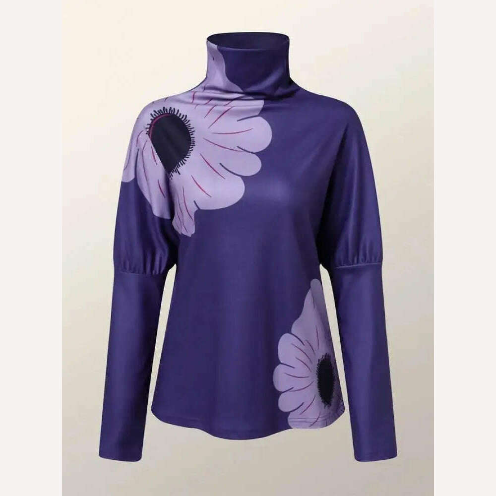 KIMLUD, Yeezzi 2024 New Female Elegant Flower Printed Purple High Neck T-Shirts Spring Autumn Long Sleeve Loose Casual Tops for Women, KIMLUD Womens Clothes