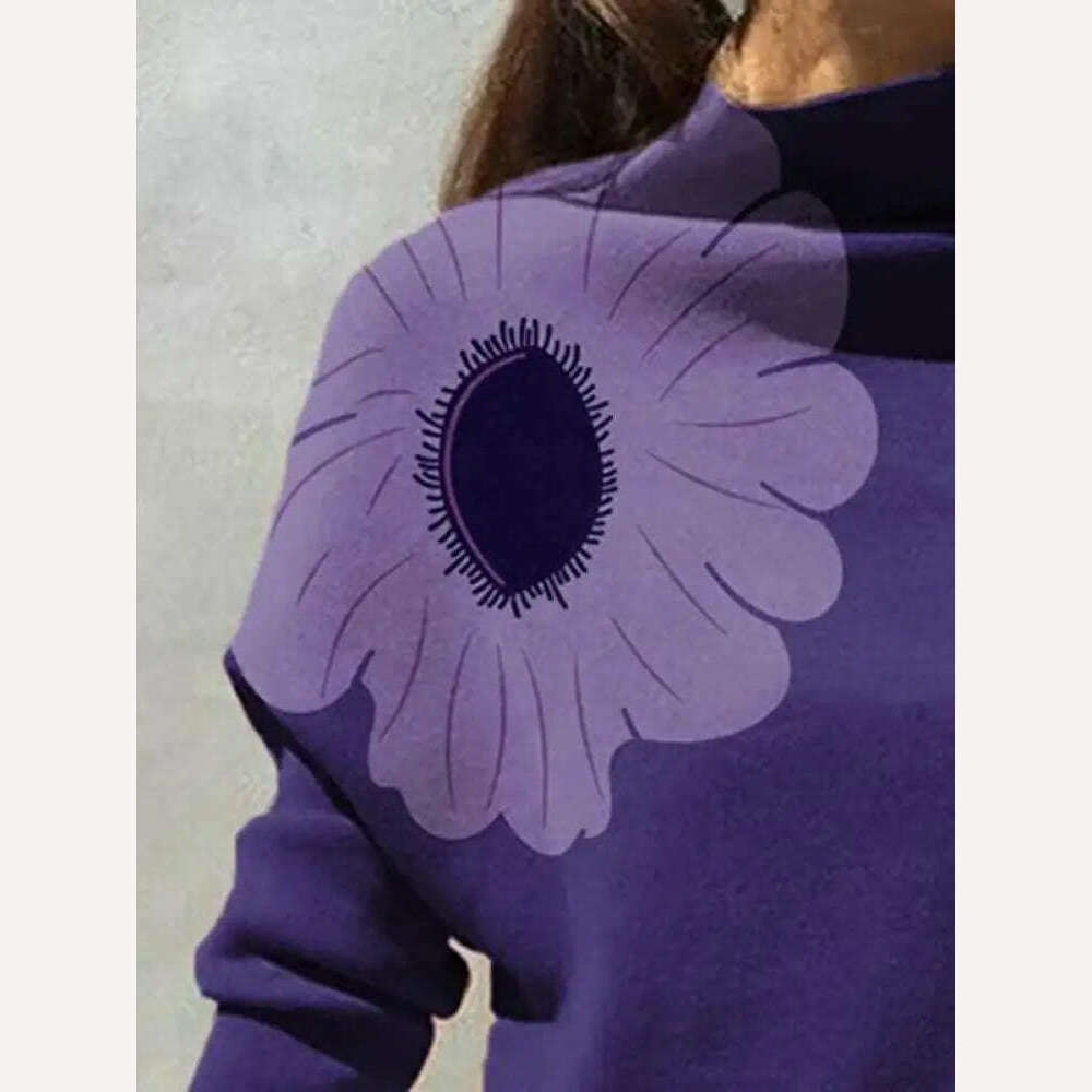 KIMLUD, Yeezzi 2024 New Female Elegant Flower Printed Purple High Neck T-Shirts Spring Autumn Long Sleeve Loose Casual Tops for Women, KIMLUD Womens Clothes