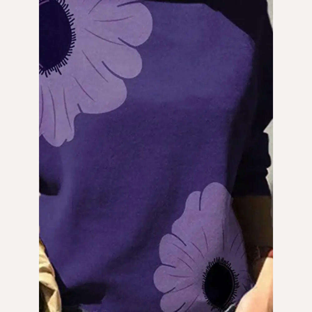 KIMLUD, Yeezzi 2024 New Female Elegant Flower Printed Purple High Neck T-Shirts Spring Autumn Long Sleeve Loose Casual Tops for Women, KIMLUD Womens Clothes