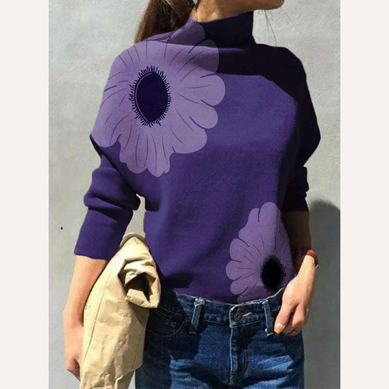 KIMLUD, Yeezzi 2024 New Female Elegant Flower Printed Purple High Neck T-Shirts Spring Autumn Long Sleeve Loose Casual Tops for Women, KIMLUD Womens Clothes