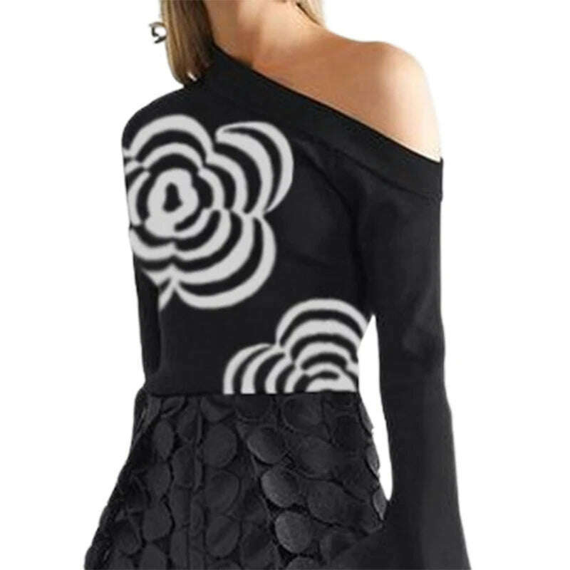 KIMLUD, Yeezzi 2024 New Female Fashion Flower Printed One-Shoulder T-Shirts Women Spring Autumn Long Sleeves Loose Casual Elegant Tops, BLACK / S, KIMLUD Womens Clothes