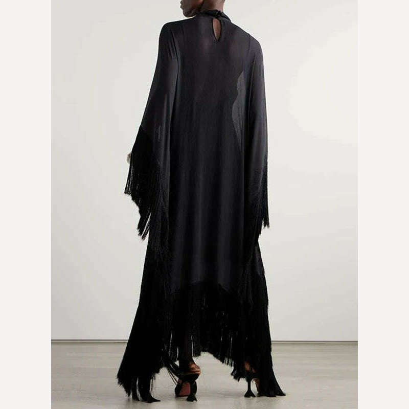 Yeezzi 2024 New Spring Fashion See-Through Tassel Party Dresses Women Batwing Sleeves Solid Color High-Neck Two Piece Set Dress - KIMLUD
