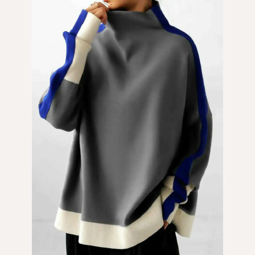 Yeezzi 2024 New Women Fashion Contrast Color High Neck Hoodless Sweatshirts Autumn Winter Long Sleeves Casual Pullovers Tops - KIMLUD