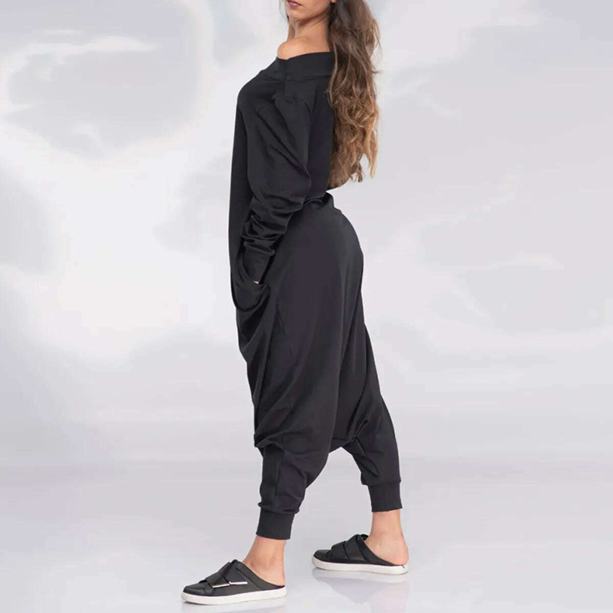 KIMLUD, Yeezzi Fashion Female Simple Black Casual Loose Solid Color Long Sleeves Pockets Off-The-Shoulder Jumpsuits for Women 2022 New, KIMLUD Womens Clothes