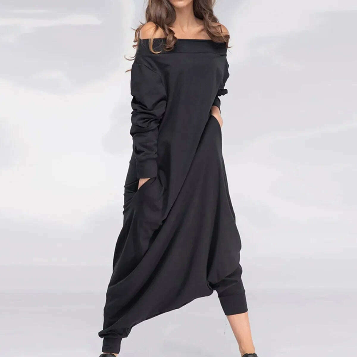 KIMLUD, Yeezzi Fashion Female Simple Black Casual Loose Solid Color Long Sleeves Pockets Off-The-Shoulder Jumpsuits for Women 2022 New, KIMLUD Womens Clothes