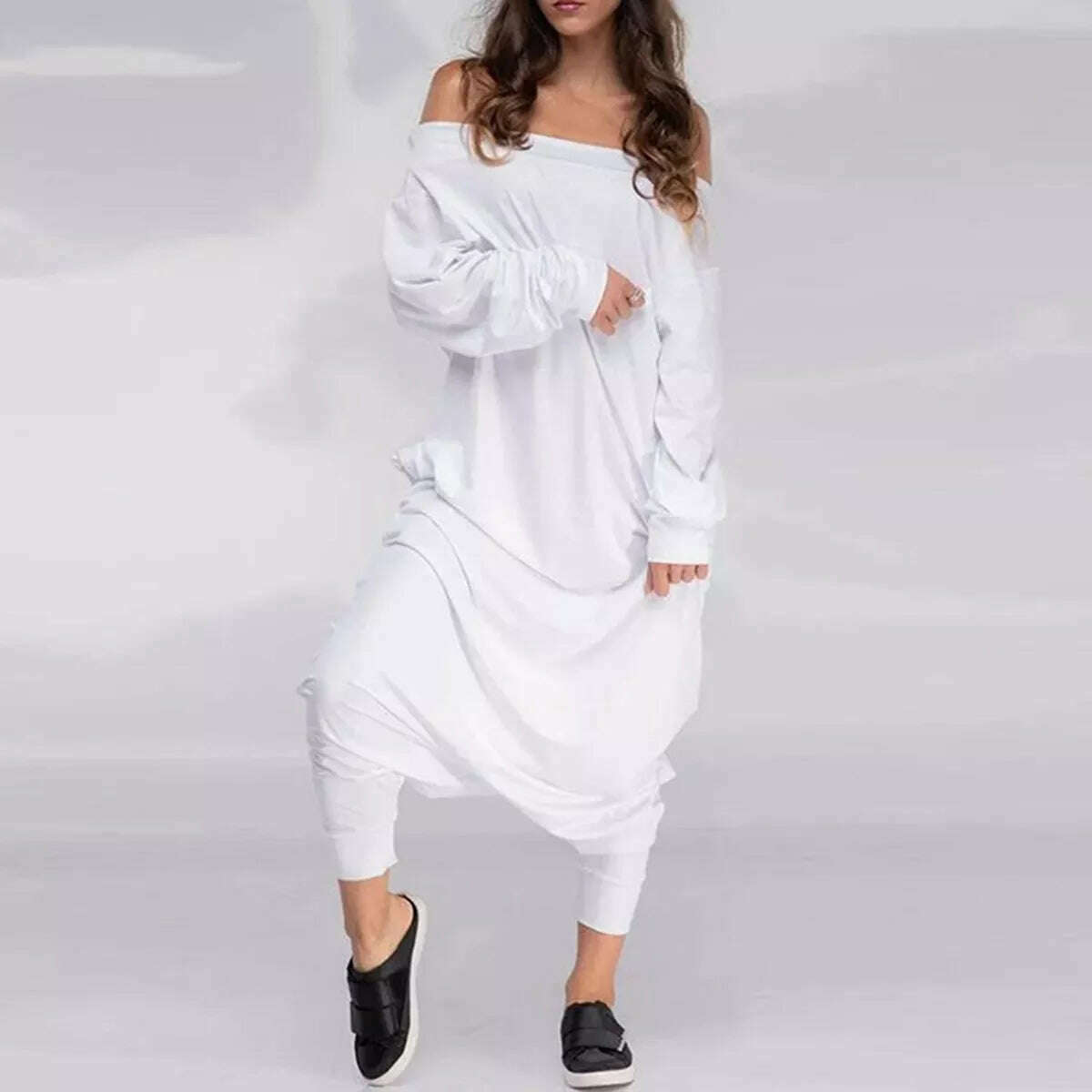 KIMLUD, Yeezzi Fashion Female Simple Black Casual Loose Solid Color Long Sleeves Pockets Off-The-Shoulder Jumpsuits for Women 2022 New, WHIITE / S, KIMLUD APPAREL - Womens Clothes