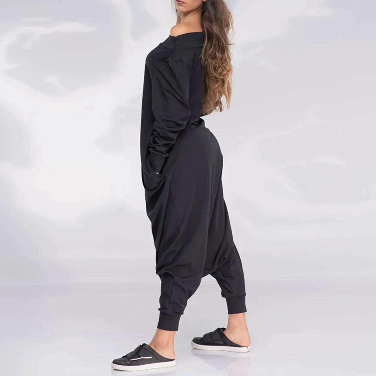 KIMLUD, Yeezzi Fashion Female Simple Black Casual Loose Solid Color Long Sleeves Pockets Off-The-Shoulder Jumpsuits for Women 2022 New, KIMLUD Womens Clothes