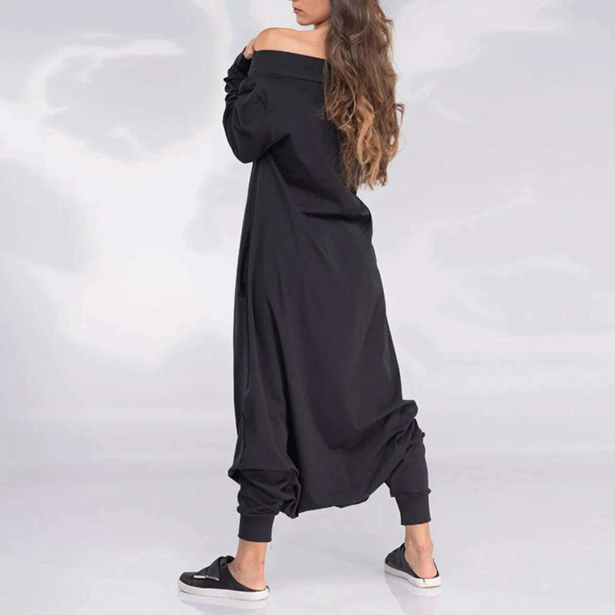 KIMLUD, Yeezzi Fashion Female Simple Black Casual Loose Solid Color Long Sleeves Pockets Off-The-Shoulder Jumpsuits for Women 2022 New, KIMLUD Womens Clothes