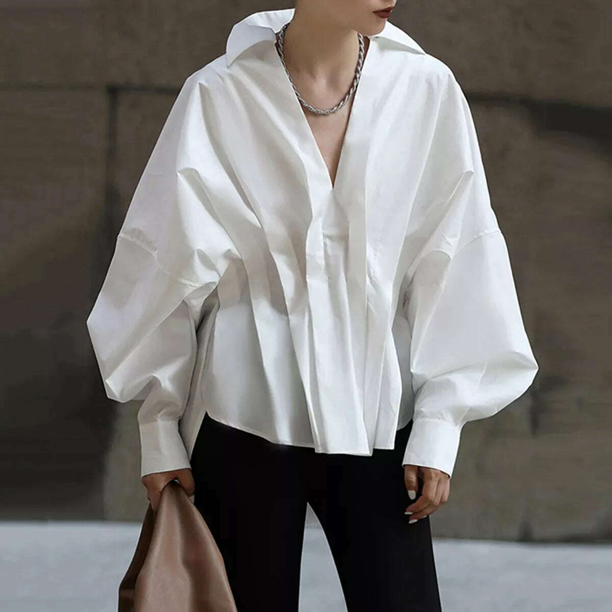 KIMLUD, Yeezzi Fashion Pleated White Blouses Female Casual V-neck Long Sleeves Loose Lapel Collar Shirt Tops For Women 2023 New, KIMLUD Womens Clothes